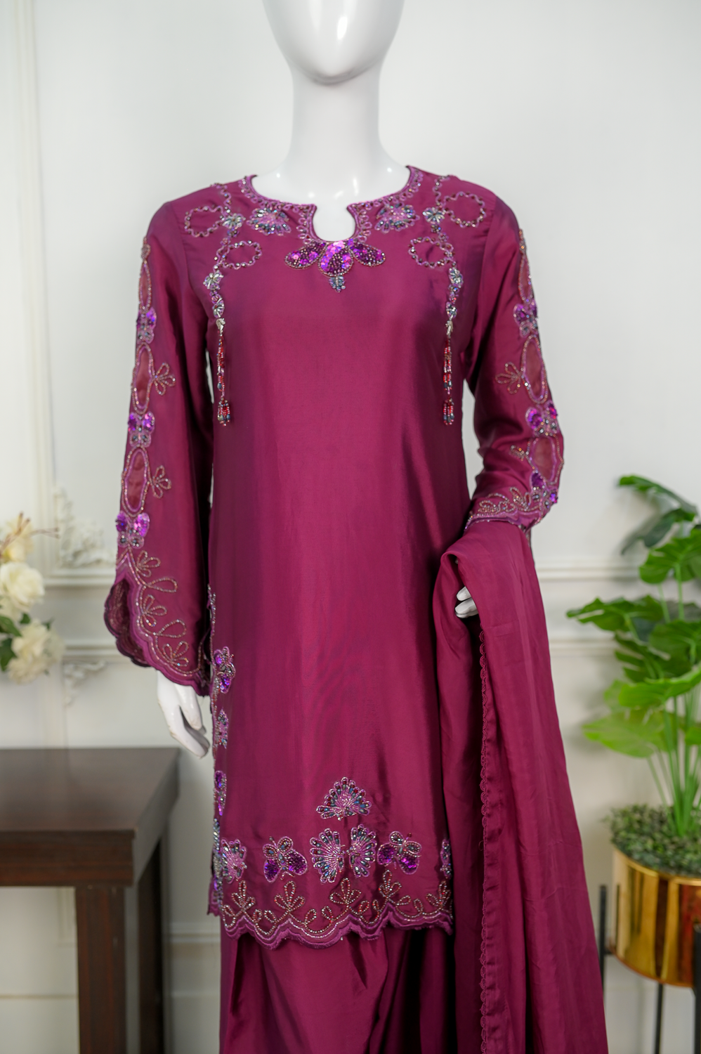 Plum – Embroidered Silk Formal Ensemble